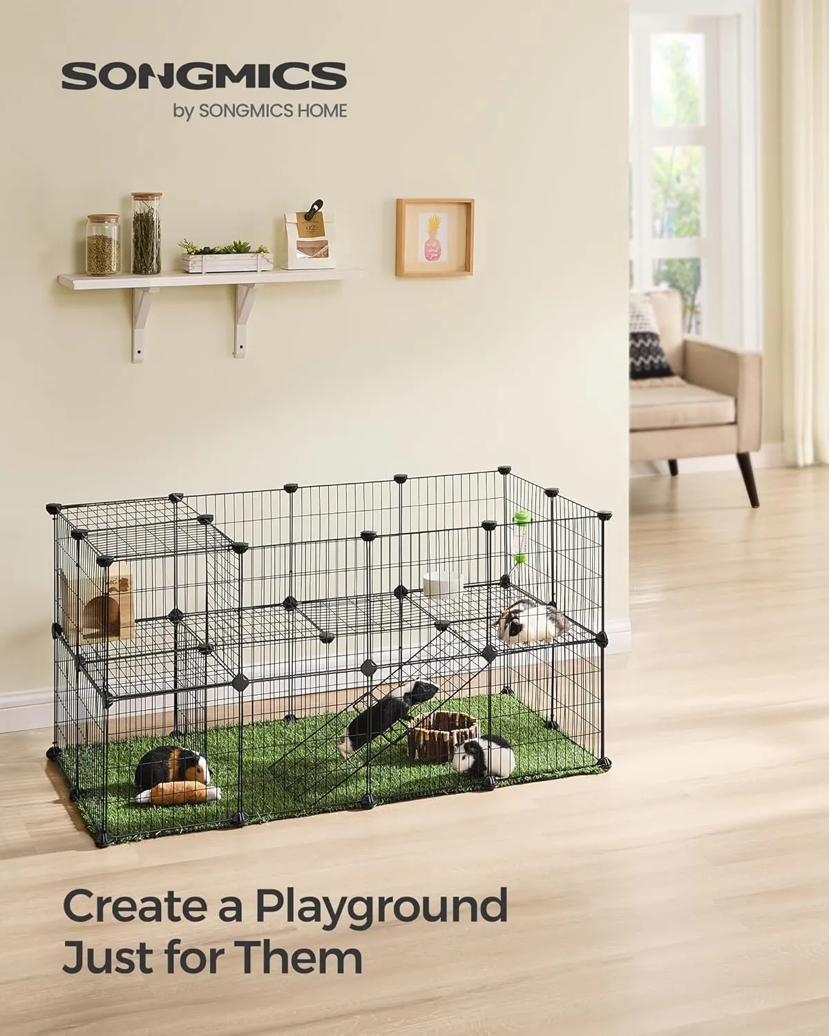 SONGMICS 36 Panels Pet Playpen, Small Animal Playpen, Rabbit Guinea Pig Cage, Zip Ties Included, Metal Wire Apartment-Style Two-Story Pet Premium Villa for Bunnies Puppies,Indoor Use, Black ULPI002B01