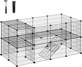 SONGMICS 36 Panels Pet Playpen, Small Animal Playpen, Rabbit Guinea Pig Cage, Zip Ties Included, Metal Wire Apartment-Style Two-Story Pet Premium Villa for Bunnies Puppies,Indoor Use, Black ULPI002B01