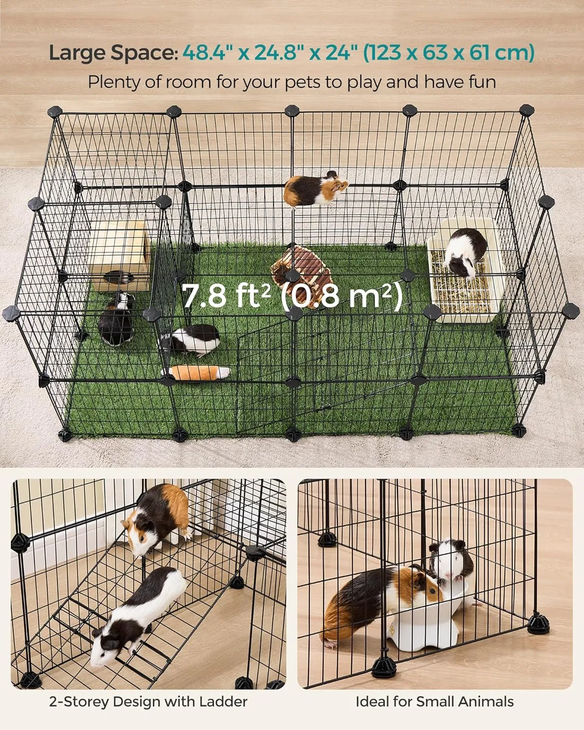 SONGMICS 36 Panels Pet Playpen, Small Animal Playpen, Rabbit Guinea Pig Cage, Zip Ties Included, Metal Wire Apartment-Style Two-Story Pet Premium Villa for Bunnies Puppies,Indoor Use, Black ULPI002B01