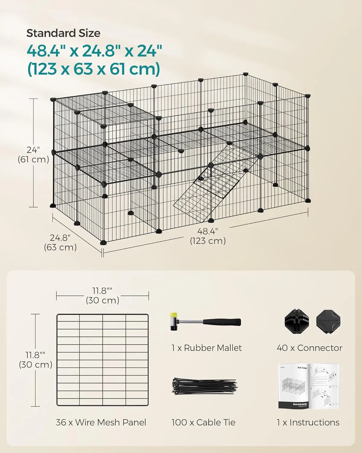 SONGMICS 36 Panels Pet Playpen, Small Animal Playpen, Rabbit Guinea Pig Cage, Zip Ties Included, Metal Wire Apartment-Style Two-Story Pet Premium Villa for Bunnies Puppies,Indoor Use, Black ULPI002B01