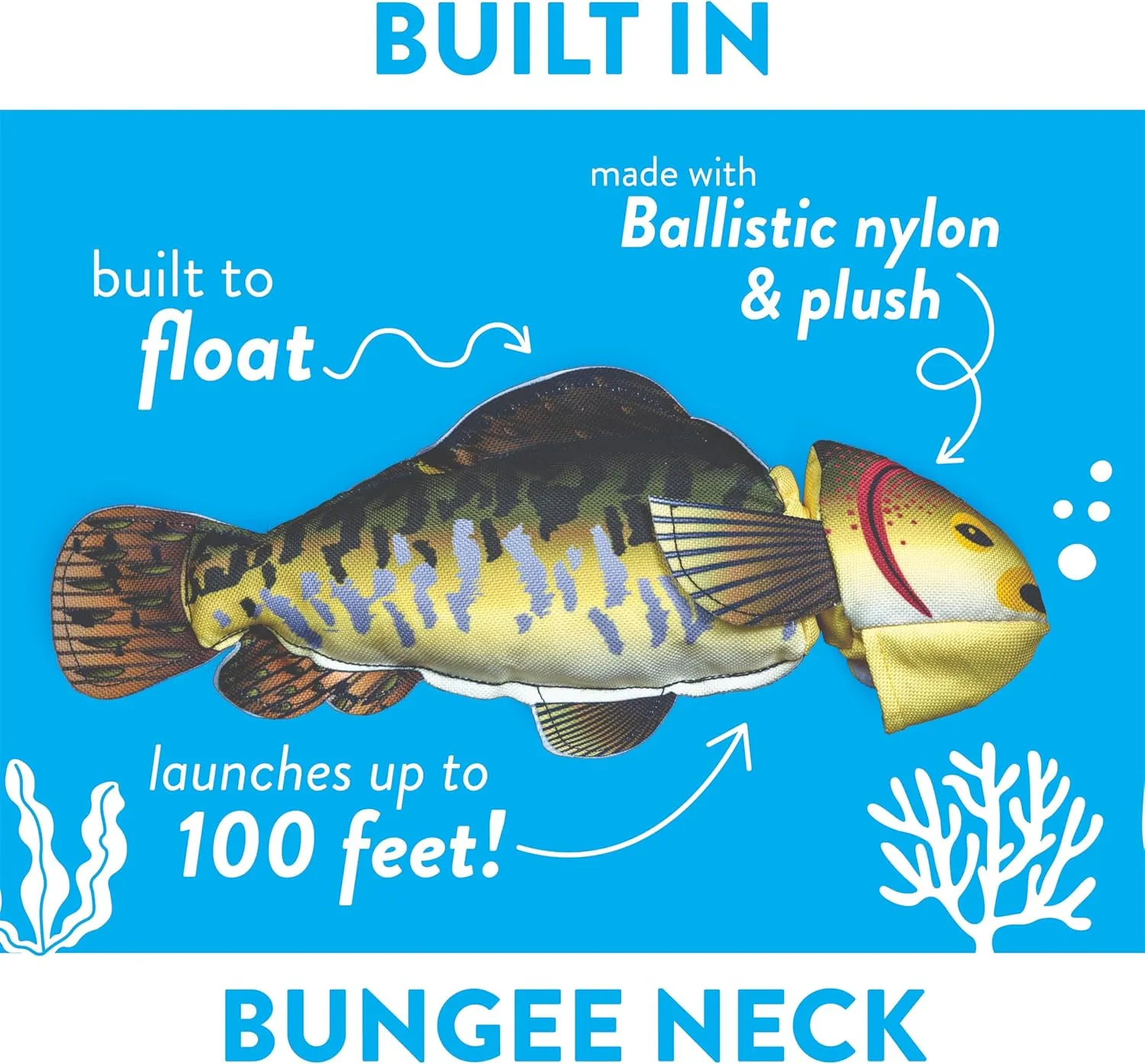 Spunky Pup Fly & Fetch Dog Toy - Durable, Floating, Interactive Bungee Launcher for Fetch and Water Play, Plush Fish