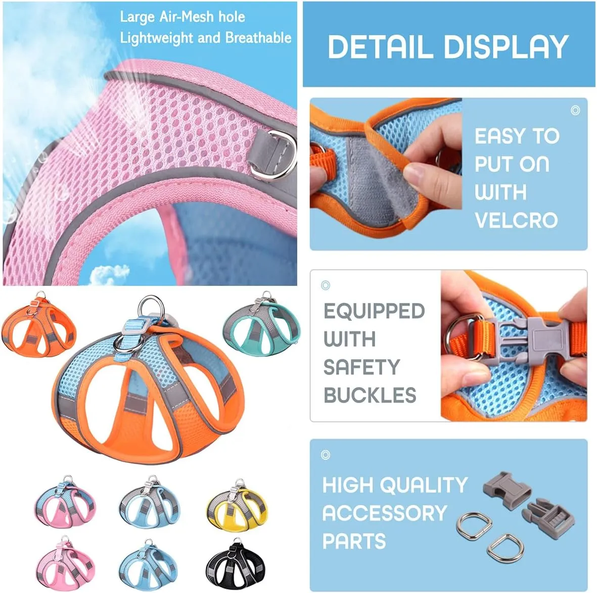 Step-in Pet Harness with a Free 59 inch Leash Included - Breathable Air Mesh for Dogs & Cats, with Reflective Straps, Safe Vest Built with Buckle & Double Metal Rings, Gray & Pink, L