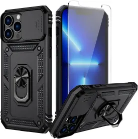 Weycolor for iPhone 13 Pro Max Case Slide Camera Cover HD Screen Protector Heavy Duty Military Grade Shockproof Magnetic Ring Holder Kickstand Phone Case for iPhone 13 Pro Max,Black